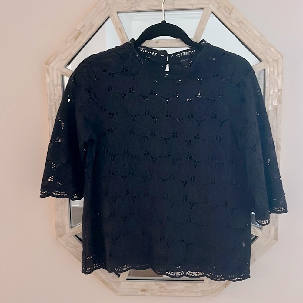 J.Crew Collection Cotton Lace 3/4 Sleeve Navy Top Size XS